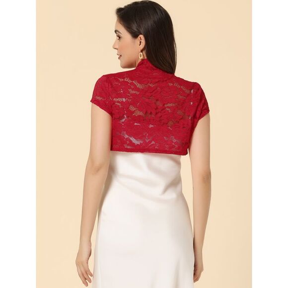 Lace Cardigan Stand Collar Short Sleeve Shrug Red - Picture 4 of 5